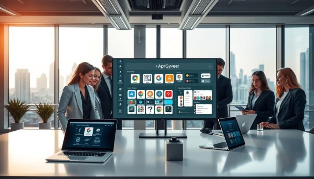 A modern workspace showcasing the AppGyver app builder interface on a high-resolution screen. In the foreground, a diverse group of professionals, dressed in smart business attire, collaborate around a sleek table with laptops and digital tablets featuring app design elements. The middle ground features a large screen displaying AppGyver's intuitive drag-and-drop interface with colorful icons and app components. Soft, natural lighting illuminates the room, enhancing a sense of productivity and innovation. The background features floor-to-ceiling windows with a view of a futuristic city skyline, creating an atmosphere of enterprise excellence and technological advancement. The overall mood is collaborative, professional, and focused.