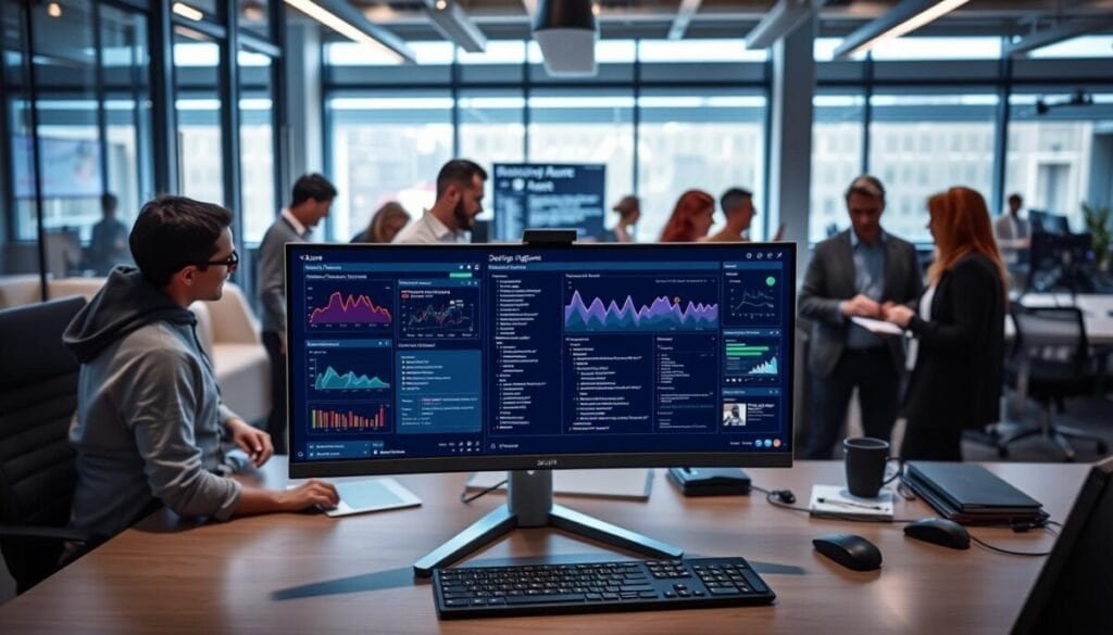A modern workspace showcasing the Azure DevOps platform interface on a sleek monitor in the foreground, featuring vibrant graphs, code repositories, and collaboration tools. In the middle ground, visible teamwork among a diverse group of professionals in smart casual attire, deeply engaged in discussions and coding activities. The background displays a contemporary office environment with large windows allowing soft natural light to flood in, creating an inspiring atmosphere. The camera angle is slightly overhead, capturing the dynamic interaction while highlighting the clear blue color scheme that reflects the Azure branding. The mood is collaborative and innovative, embodying a forward-thinking tech culture focused on enhancing productivity and teamwork.