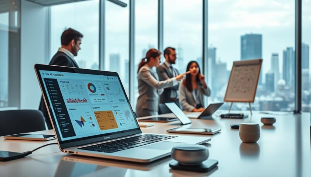 A modern workspace showcasing top AI automation tools and platforms. In the foreground, a sleek laptop displays a vibrant dashboard filled with various analytics and workflow diagrams. Scattered around are high-tech devices such as tablets and smart assistants. In the middle ground, a diverse group of professionals in business attire collaborate, deeply focused on task brainstorming — one points at a smart whiteboard filled with innovative ideas. The background features a futuristic office with large windows offering a panoramic view of a bustling city skyline. Soft, ambient lighting creates a productive atmosphere while accentuating the tech devices, and the perspective is slightly angled to emphasize depth and engagement. The overall mood is dynamic and forward-thinking, perfectly encapsulating the essence of AI automation.