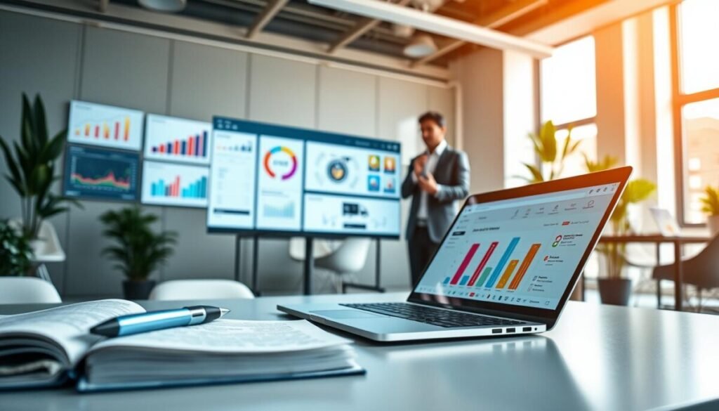 A modern workspace showcasing various data privacy compliance tools. In the foreground, a sleek laptop displaying a colorful dashboard with graphs and analytics related to data protection. To the left, an open notebook with notes and a pen, emphasizing organization and strategy. The middle ground features a professional individual in business attire, analyzing data on a large interactive screen. The background reveals a bright, well-lit office environment with green plants and minimalist furniture, creating an atmosphere of productivity and focus. Soft, natural lighting enhances the clean lines and technology vibe. The angle is slightly elevated to capture the dynamic interaction with tools, emphasizing a commitment to data privacy. The overall mood is professional, innovative, and empowering.