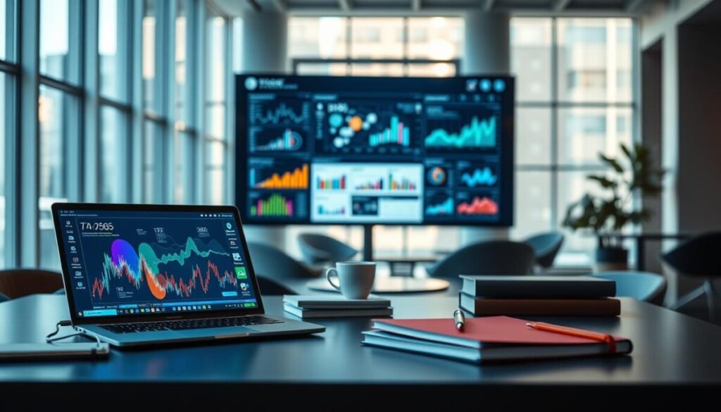 A modern workspace with a focus on innovative data analysis tools, set in a sleek, well-lit office environment. In the foreground, a stylish desk featuring a laptop displaying vibrant visualizations and graphs alongside charts and notebooks. In the middle ground, a large digital screen showcases dynamic data dashboards with colorful elements and analytics in action. In the background, floor-to-ceiling windows allow natural light to stream in, creating a bright and inviting atmosphere. The mood is professional yet inspiring, emphasizing productivity and creativity in the AI research landscape. Soft, focused lighting highlights the technology, with a shallow depth of field that draws attention to the tools and data displayed, ensuring clarity and engagement.