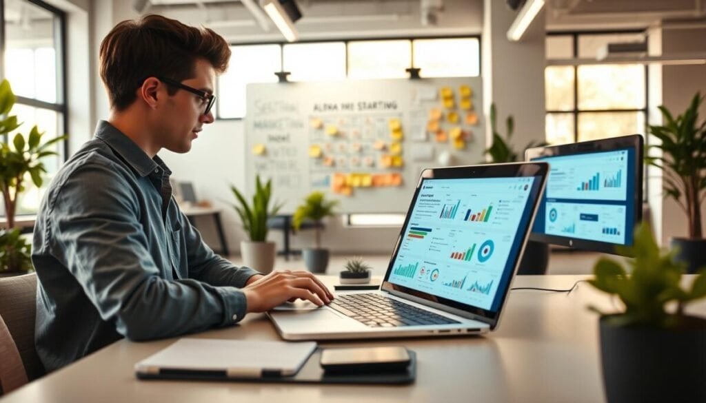 A modern workspace with a sleek, digital aesthetic, showcasing Mailchimp's email marketing platform on a laptop screen in the foreground. A young professional in smart casual attire types enthusiastically while surrounded by colorful charts and metrics displayed on multiple screens. In the middle ground, a large whiteboard filled with brainstorming notes and sticky notes illustrating marketing strategies. The background contains an open office with plants and contemporary furniture, creating a vibrant startup atmosphere. Soft, natural lighting filters in through large windows, casting a warm glow and enhancing the innovation-driven mood. Capture the essence of collaboration and growth in a stylish, tech-savvy environment.