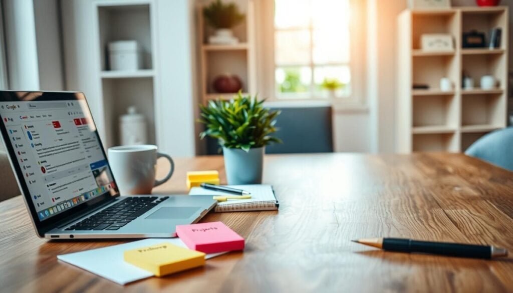 A neatly organized workspace featuring custom labels for email categorization. In the foreground, a wooden desk with a sleek laptop displaying a Gmail interface, showing various color-coded labels like "Urgent," "Projects," and "Follow Up." Beside the laptop, a stylish notepad with labeled sticky notes in vibrant colors. In the middle, a well-lit potted plant adds a touch of green, while a coffee mug and a pen complete the scene. The background includes a soft-focus white wall with subtle shelves holding office supplies. Natural light filters through a window, creating a warm, focused atmosphere. The angle is slightly above the desk, emphasizing the labels and creating an inviting, productive workspace vibe.