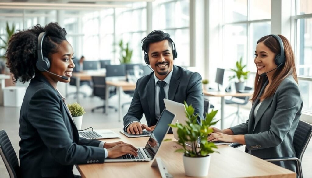 A professional customer support scene in a modern office environment. In the foreground, a diverse group of three customer support representatives, one Black woman, one Asian man, and one Hispanic woman, are attentively engaging with clients using headsets and laptops, all dressed in professional business attire. In the middle ground, an open workspace with several desks, plants, and tech gadgets, showcasing a dynamic atmosphere of communication and collaboration. The background reveals a large window allowing natural light to flood the space, casting soft shadows on the sleek furniture, conveying a sense of transparency and modernity. The overall mood is focused yet welcoming, emphasizing the importance of customer support in business scaling strategies. The image is well-lit, with a shallow depth of field to draw attention to the representatives.
