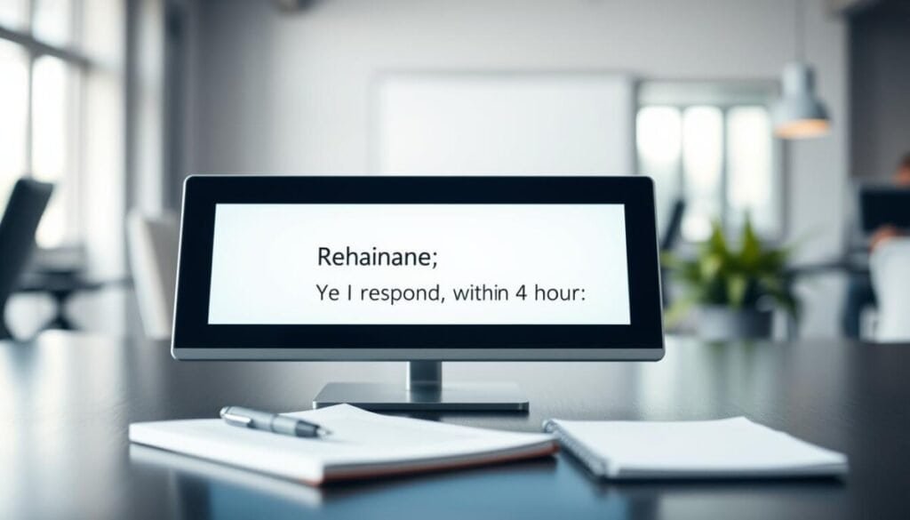 A professional email signature displayed prominently on a sleek digital interface, set against a blurred office background suggesting productivity. The signature features a clean design, incorporating essential elements: the name, title, and an availability statement like "I respond within 24 hours." The lighting is soft and natural, enhancing the clarity of the text. A subtle bokeh effect adds depth to the scene. The focus is tight on the email signature while the desk is decorated with minimalistic office supplies, such as a pen and notepad, conveying a sense of organization and professionalism. The overall mood is calm and efficient, suitable for a business environment.