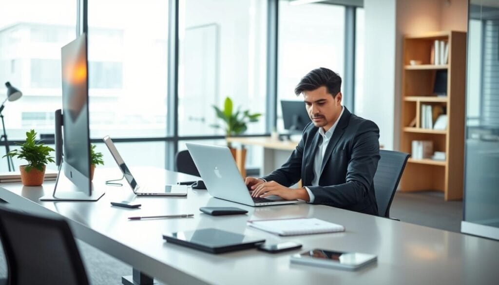 A professional in a modern office setting, focused on managing digital tools and establishing healthy network habits. In the foreground, a person dressed in smart casual attire sits at a sleek desk, working on a laptop surrounded by various digital devices like a tablet and smartphone. The middle ground features an organized workspace with minimal distractions, including a plant for a touch of nature. The background showcases a large window with natural light pouring in, illuminating the space and enhancing the atmosphere of productivity. The overall ambiance is calm and focused, conveying the essence of deep work, with soft lighting that highlights the subject’s concentration and the advanced technology around them. A professional in a modern office setting, focused on managing digital tools and establishing healthy network habits. In the foreground, a person dressed in smart casual attire sits at a sleek desk, working on a laptop surrounded by various digital devices like a tablet and smartphone. The middle ground features an organized workspace with minimal distractions, including a plant for a touch of nature. The background showcases a large window with natural light pouring in, illuminating the space and enhancing the atmosphere of productivity. The overall ambiance is calm and focused, conveying the essence of deep work, with soft lighting that highlights the subject’s concentration and the advanced technology around them.