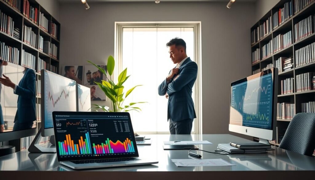 A professional individual in business attire stands at a sleek, modern desk filled with graphs and charts displayed on multiple screens, analyzing creator analytics tools. In the foreground, a laptop showcases vivid analytics data, with colorful graphs and user metrics. The middle ground features a large window through which soft, natural light filters in, illuminating the scene and highlighting a vibrant indoor plant. In the background, bookshelves filled with marketing and analytics literature create a scholarly environment. The atmosphere is focused and productive, conveying a sense of clarity and strategic thinking as the individual thoughtfully evaluates their options. The shot is taken from a slightly elevated angle, giving a comprehensive view of the workspace.