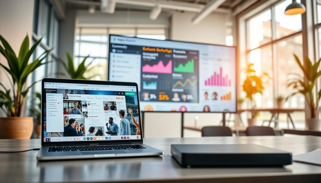 A professional, modern workspace featuring various Mighty Networks engagement tools such as virtual event interfaces, community discussion boards, and interactive polls. In the foreground, a sleek laptop displays a vibrant community discussion page, reflecting enthusiastic interactions among users. The middle ground showcases a large touch screen with colorful graphs and statistics illustrating member engagement levels. The background includes a bright and spacious office environment with plants and large windows letting in natural light, creating an inviting atmosphere. Use warm, soft lighting to enhance the welcoming mood while maintaining a focus on the technology. The camera angle is slightly tilted down, emphasizing the tools and their functionality without any people or text elements.