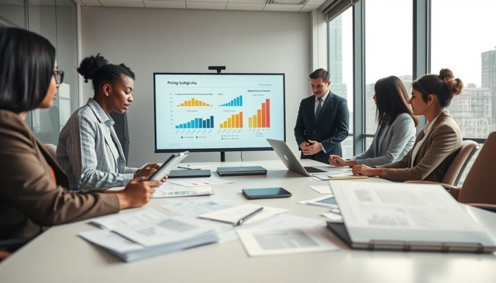 A professional office environment depicting a business meeting discussing appreciation discount suppression rules. Foreground features a diverse group of four professionals in business attire, intently reviewing charts and graphs on a digital tablet. In the middle, a large table scattered with documents, laptops, and a modern presentation screen displaying colorful graphs illustrating discount strategies. In the background, large windows allowing natural light to flood the room, showcasing a city skyline. The atmosphere is focused and collaborative, conveying a sense of urgency and importance in navigating pricing strategies. Use soft, diffused lighting to create a warm yet professional ambiance. The perspective is dynamic, slightly angled to capture both the people and the presentation materials clearly. A professional office environment depicting a business meeting discussing appreciation discount suppression rules. Foreground features a diverse group of four professionals in business attire, intently reviewing charts and graphs on a digital tablet. In the middle, a large table scattered with documents, laptops, and a modern presentation screen displaying colorful graphs illustrating discount strategies. In the background, large windows allowing natural light to flood the room, showcasing a city skyline. The atmosphere is focused and collaborative, conveying a sense of urgency and importance in navigating pricing strategies. Use soft, diffused lighting to create a warm yet professional ambiance. The perspective is dynamic, slightly angled to capture both the people and the presentation materials clearly.