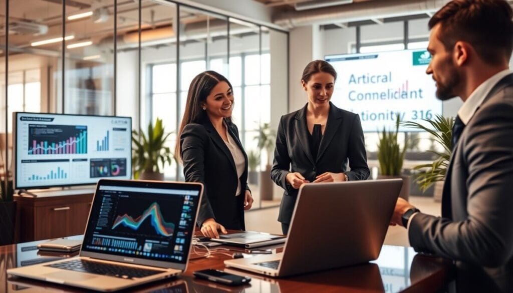 A professional office environment focusing on customer relationship management. In the foreground, a diverse group of three business professionals—two women and one man—are engaged in a discussion, wearing smart business attire. They are surrounded by sleek technology, including laptops displaying graphs and CRM software interfaces. In the middle ground, a large screen showcases data analytics and customer insights, while the background features a modern office with glass walls, potted plants, and natural light streaming through the windows. The mood is collaborative and innovative, with a warm color palette and soft lighting that enhances a sense of productivity and efficiency. The angle captures the dynamics of teamwork in a high-tech setting, emphasizing the importance of automation and AI in CRM strategies.