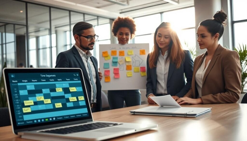 A professional office environment illuminated by soft, natural light coming through large windows. In the foreground, a diverse group of three business people, dressed in smart casual attire, are engaged in a discussion around a laptop displaying a digital calendar with time zones and timelines. In the middle, a large whiteboard is filled with colorful sticky notes and flow charts illustrating work hours and sequence configurations. The background showcases a sleek modern office with glass partitions and greenery for a vibrant touch. The atmosphere is collaborative and focused, conveying a sense of productivity and precision. The angle is slightly elevated to capture both the group interaction and the details on the laptop screen. A professional office environment illuminated by soft, natural light coming through large windows. In the foreground, a diverse group of three business people, dressed in smart casual attire, are engaged in a discussion around a laptop displaying a digital calendar with time zones and timelines. In the middle, a large whiteboard is filled with colorful sticky notes and flow charts illustrating work hours and sequence configurations. The background showcases a sleek modern office with glass partitions and greenery for a vibrant touch. The atmosphere is collaborative and focused, conveying a sense of productivity and precision. The angle is slightly elevated to capture both the group interaction and the details on the laptop screen.