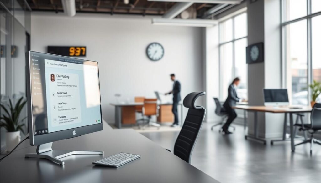 A professional office environment showcasing a modern workspace designed for customer support. In the foreground, a sleek desk displaying a computer screen with a chat application interface, indicating chat routing status and department availability. The middle ground features a stylish, ergonomic chair, and a digital clock on the wall showing the current time, emphasizing the theme of breaks and availability management. The background displays an open-plan office with a few employees in smart business attire, engaging in quiet collaboration. Soft, natural light filters in from large windows, creating a calm and focused atmosphere. The image captures the essence of professionalism and efficiency in managing chat routes, while maintaining aesthetic appeal and clarity. A professional office environment showcasing a modern workspace designed for customer support. In the foreground, a sleek desk displaying a computer screen with a chat application interface, indicating chat routing status and department availability. The middle ground features a stylish, ergonomic chair, and a digital clock on the wall showing the current time, emphasizing the theme of breaks and availability management. The background displays an open-plan office with a few employees in smart business attire, engaging in quiet collaboration. Soft, natural light filters in from large windows, creating a calm and focused atmosphere. The image captures the essence of professionalism and efficiency in managing chat routes, while maintaining aesthetic appeal and clarity.