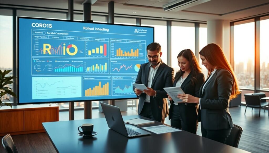 A professional office environment showcasing a modern workspace with a large digital screen displaying data analytics related to ROI automation. In the foreground, a diverse group of three business professionals, dressed in sharp business attire, are collaboratively analyzing graphs and charts on a tablet. The middle layer features a sleek desk with documents, a laptop, and a coffee cup, symbolizing productivity. In the background, floor-to-ceiling windows allow natural light to flood the room, with a city skyline visible outside. The atmosphere is one of focus and innovation, with warm, inviting lighting to highlight the team's engagement and determination. The image captures the essence of measuring time savings and increased conversions through automation, emphasizing teamwork and data-driven decision-making.