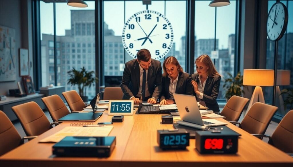 A professional office environment showcasing an open workspace. In the foreground, a diverse team of three individuals, dressed in business attire, are collaborating around a large table filled with laptops, notebooks, and digital clocks, symbolizing productivity and time management. In the middle ground, large windows allow natural light to flood the room, illuminating charts and graphs on the walls that highlight productivity metrics. In the background, a serene clock, displaying various time zones, represents the concept of "adding time for others". The atmosphere is vibrant and focused, with warm lighting to create an inviting ambiance. The perspective is slightly elevated to capture the team's engagement and the workspace layout, emphasizing teamwork and advanced editing in a professional setting. A professional office environment showcasing an open workspace. In the foreground, a diverse team of three individuals, dressed in business attire, are collaborating around a large table filled with laptops, notebooks, and digital clocks, symbolizing productivity and time management. In the middle ground, large windows allow natural light to flood the room, illuminating charts and graphs on the walls that highlight productivity metrics. In the background, a serene clock, displaying various time zones, represents the concept of "adding time for others". The atmosphere is vibrant and focused, with warm lighting to create an inviting ambiance. The perspective is slightly elevated to capture the team's engagement and the workspace layout, emphasizing teamwork and advanced editing in a professional setting.