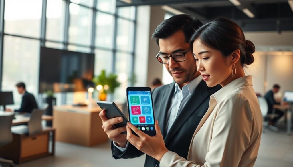 A professional office environment showcasing the Cisco Duo Mobile app for enterprise security. In the foreground, a diverse group of two business professionals—one Caucasian man and one Asian woman—are intently examining a smartphone displaying the Duo Mobile interface with a focus on vibrant app graphics. In the middle ground, sleek office furniture and a large window providing natural light create a modern atmosphere. The background features blurred silhouettes of colleagues working at desks, emphasizing collaboration and productivity. Soft, diffused lighting creates a sense of security and trust, while a wide-angle lens captures the dynamic workspace. The overall mood is focused and professional, highlighting the importance of enterprise-grade security in today’s digital landscape.