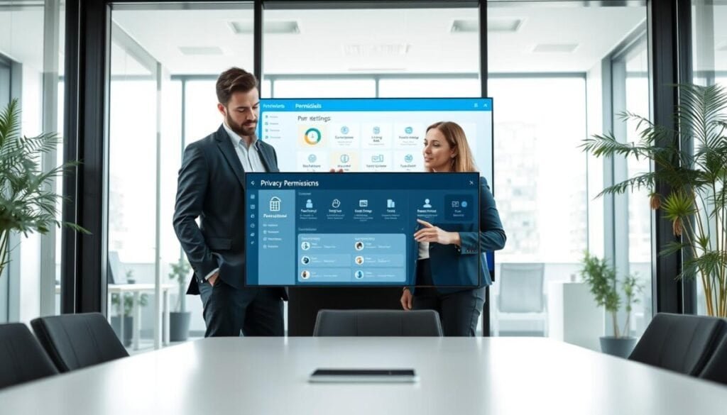 A professional office environment with a sleek, modern conference room. In the foreground, a diverse group of two business professionals, one male and one female, both dressed in smart business attire, are engaged in a serious discussion over a digital tablet displaying a dashboard of privacy settings. The middle layer features a large screen on the wall showing a graphical representation of permissions and privacy configurations, with icons symbolizing data protection and user access. The background includes glass walls for an open feel, subtle greenery in the corners, and natural light streaming in through large windows. The mood is focused and collaborative, emphasizing the importance of managing permissions in a contemporary business setting. Soft, diffused lighting enhances the professional atmosphere without harsh shadows.