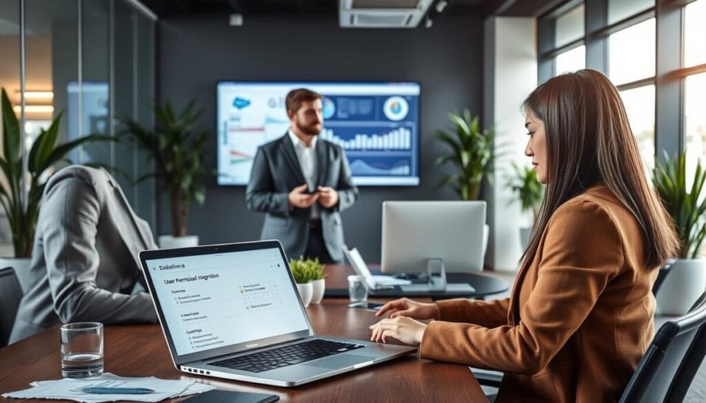 A professional office scene depicting a diverse group of business professionals focused on preparing Salesforce user permissions for calendar integration. In the foreground, a woman in smart attire is actively working on a laptop, displaying Salesforce interface with user permissions settings. In the middle ground, a man in a suit is discussing strategies with a colleague, surrounded by digital charts and graphs on a large screen. The background features modern office elements like glass walls and potted plants, along with natural light streaming in from large windows, creating a bright and productive atmosphere. The mood is collaborative and focused, emphasizing teamwork and high-tech preparations in a corporate environment. Capture the image in a slightly elevated angle to provide a comprehensive view of the workspace.