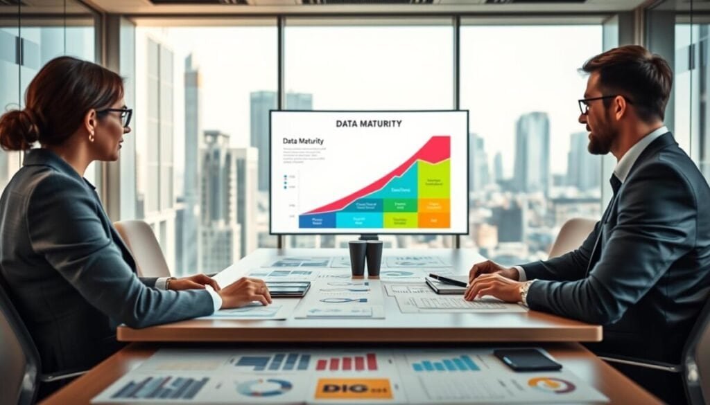 A professional office setting depicting "data maturity" as a central theme. In the foreground, a diverse group of three business professionals, dressed in smart casual attire, are engaged in a discussion around a modern conference table covered with charts and graphs representing data levels. In the middle, a large screen displays a colorful data maturity model, illustrating clear stages of growth with engaging visuals. The background features glass walls with a city skyline view, suggesting a busy, forward-thinking business environment. Soft, natural light filters in, creating an inviting atmosphere, with a shallow depth of field focusing on the professionals while the background remains slightly blurred, enhancing the focus on the conversation about data maturity.