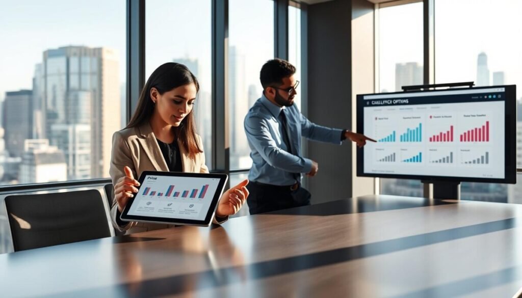 A professional office setting featuring a diverse group of three individuals gathered around a sleek conference table. In the foreground, a woman in a smart blazer reviews a digital tablet displaying various pricing options, her expression focused and thoughtful. Beside her, a man in a dress shirt and tie points at a large presentation screen filled with graphs and charts illustrating scalability options. In the background, large windows allow natural light to flood the room, showcasing a modern city skyline. The atmosphere is collaborative and analytical, emphasizing a sense of strategic planning and decision-making. Soft shadows are cast across the table, enhancing the depth of the scene and creating a professional ambiance. The angle is slightly tilted to capture both the individuals and the presentation, with a shallow depth of field to emphasize their interaction.