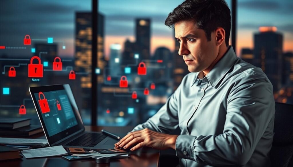 A professional office setting illustrating "identity theft protection." In the foreground, a concerned businessperson in professional attire, looking at a laptop screen displaying warning signs like padlocks and red alerts. The middle ground features a desk cluttered with documents, credit cards, and security software symbols, reflecting the chaos of data breaches. In the background, an abstract representation of digital data flowing and being intercepted, with a backdrop of blurred city skyscrapers illuminated at dusk. Soft, dramatic lighting casts shadows, enhancing the tension of the scene. The overall mood is cautionary and serious, emphasizing the risks of identity theft in the digital age. A professional office setting illustrating "identity theft protection." In the foreground, a concerned businessperson in professional attire, looking at a laptop screen displaying warning signs like padlocks and red alerts. The middle ground features a desk cluttered with documents, credit cards, and security software symbols, reflecting the chaos of data breaches. In the background, an abstract representation of digital data flowing and being intercepted, with a backdrop of blurred city skyscrapers illuminated at dusk. Soft, dramatic lighting casts shadows, enhancing the tension of the scene. The overall mood is cautionary and serious, emphasizing the risks of identity theft in the digital age.