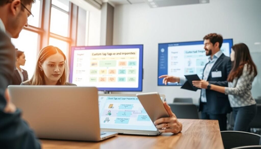 A professional office setting where a diverse group of individuals is collaborating on a data migration project. In the foreground, a focused woman in smart business attire is intently reviewing a laptop screen displaying custom tags and properties being imported. Beside her, a man gestures toward a digital flowchart on a tablet, illustrating the step-by-step process. In the middle, a large screen shows a colorful visual representation of data being imported, featuring icons for tags and properties. The background has modern office decor, with a large window letting in soft natural light, creating an optimistic atmosphere of productivity. The angle captures both the laptop and the animated screen clearly, emphasizing teamwork and technology in data migration. A professional office setting where a diverse group of individuals is collaborating on a data migration project. In the foreground, a focused woman in smart business attire is intently reviewing a laptop screen displaying custom tags and properties being imported. Beside her, a man gestures toward a digital flowchart on a tablet, illustrating the step-by-step process. In the middle, a large screen shows a colorful visual representation of data being imported, featuring icons for tags and properties. The background has modern office decor, with a large window letting in soft natural light, creating an optimistic atmosphere of productivity. The angle captures both the laptop and the animated screen clearly, emphasizing teamwork and technology in data migration.