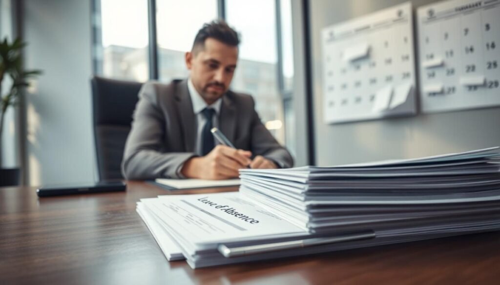 A professional office setting where an employee is sitting at a desk, completing paperwork for a leave of absence request. In the foreground, a close-up view of neatly stacked forms labeled "Leave of Absence" on the desk, with a pen poised above them. The middle ground features a focused employee, dressed in smart business attire, looking thoughtfully at a calendar on the wall, noting down important dates. The background shows a modern office space with soft, natural lighting filtering through large windows, casting gentle shadows. The mood is one of calm contemplation, emphasizing the importance of taking time off. The angle should be slightly elevated, capturing both the employee and the paperwork prominently in the frame. A professional office setting where an employee is sitting at a desk, completing paperwork for a leave of absence request. In the foreground, a close-up view of neatly stacked forms labeled "Leave of Absence" on the desk, with a pen poised above them. The middle ground features a focused employee, dressed in smart business attire, looking thoughtfully at a calendar on the wall, noting down important dates. The background shows a modern office space with soft, natural lighting filtering through large windows, casting gentle shadows. The mood is one of calm contemplation, emphasizing the importance of taking time off. The angle should be slightly elevated, capturing both the employee and the paperwork prominently in the frame.