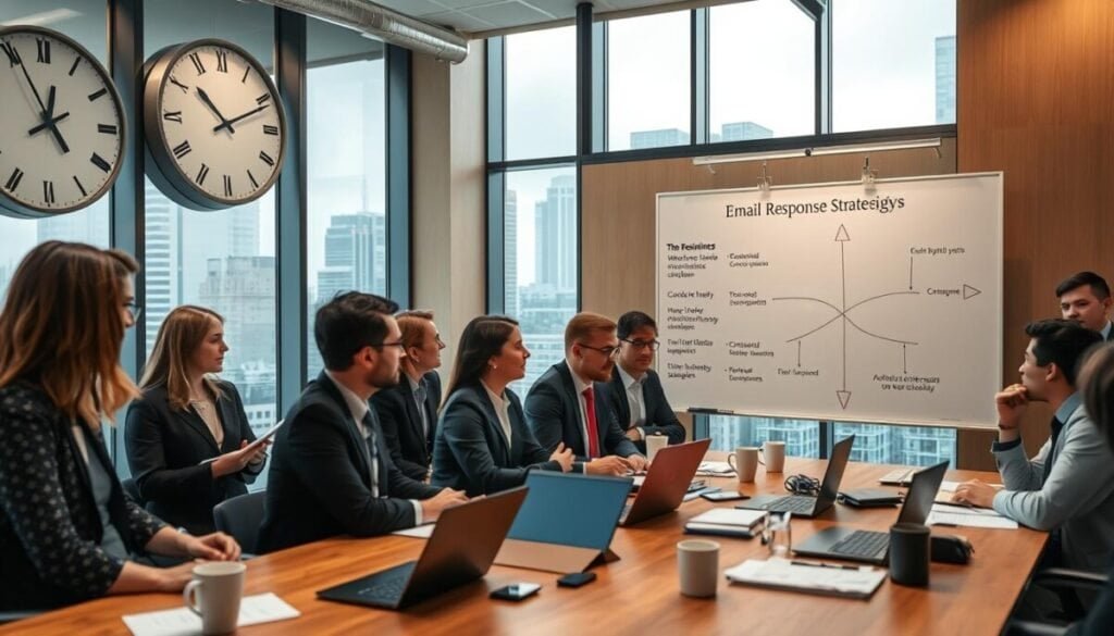 A professional office setting with a blend of natural light and warm artificial lighting, showcasing a large clock on the wall indicating varying times. In the foreground, a diverse group of professionals, dressed in smart business attire, are engaged in a focused discussion around a wooden conference table cluttered with laptops, notepads, and coffee cups. In the middle ground, a large whiteboard displays bullet points illustrating email response strategies, subtly emphasizing boundaries, with a visual flow diagram. The background features floor-to-ceiling windows revealing a cityscape, enhancing the modern corporate atmosphere. The mood is collaborative and productive, conveying a sense of urgency balanced with professionalism. The angle is slightly above eye level, providing a broader perspective of the space and activities. A professional office setting with a blend of natural light and warm artificial lighting, showcasing a large clock on the wall indicating varying times. In the foreground, a diverse group of professionals, dressed in smart business attire, are engaged in a focused discussion around a wooden conference table cluttered with laptops, notepads, and coffee cups. In the middle ground, a large whiteboard displays bullet points illustrating email response strategies, subtly emphasizing boundaries, with a visual flow diagram. The background features floor-to-ceiling windows revealing a cityscape, enhancing the modern corporate atmosphere. The mood is collaborative and productive, conveying a sense of urgency balanced with professionalism. The angle is slightly above eye level, providing a broader perspective of the space and activities.
