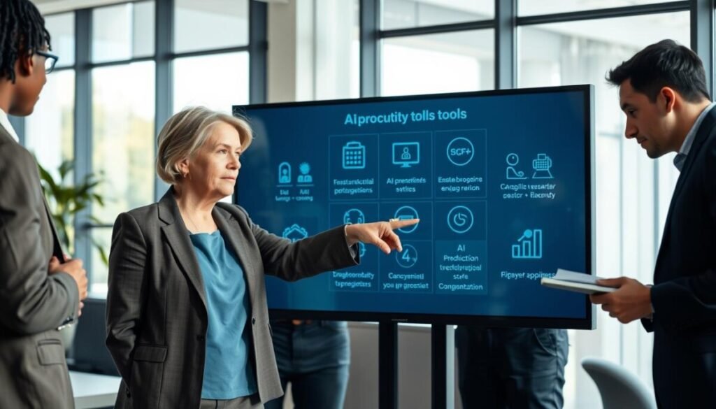 A professional office setting with a diverse group of three individuals engaged in a thoughtful discussion around a large digital screen displaying various AI productivity tools, emphasizing their functionalities and limitations. In the foreground, a middle-aged woman in a business suit points at the screen, her expression contemplative, while a young man in smart casual attire takes notes. The background features a modern office environment with large windows allowing natural light to filter through, casting soft shadows. The atmosphere is serious yet collaborative, emphasizing the interplay between technology and human insight. The image should be captured from a slightly elevated angle to showcase the group dynamics and the digital screen prominently.