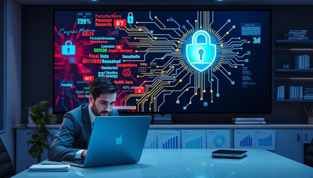A professional office space focused on cybersecurity, with a large computer screen displaying vibrant visuals of sensitive data types like personal information, financial records, and health data. In the foreground, a focused professional in business attire examines data on a laptop, symbolizing vigilance and protection. The middle layer features an abstract representation of a digital lock and shield intertwined with streams of data, glowing subtly to emphasize security. The background includes sleek shelves lined with cybersecurity books and displays of charts illustrating data breaches, illuminated by soft blue lighting that conveys a sense of urgency and alertness. The atmosphere is serious yet hopeful, emphasizing the importance of identifying and protecting sensitive data in the digital age.