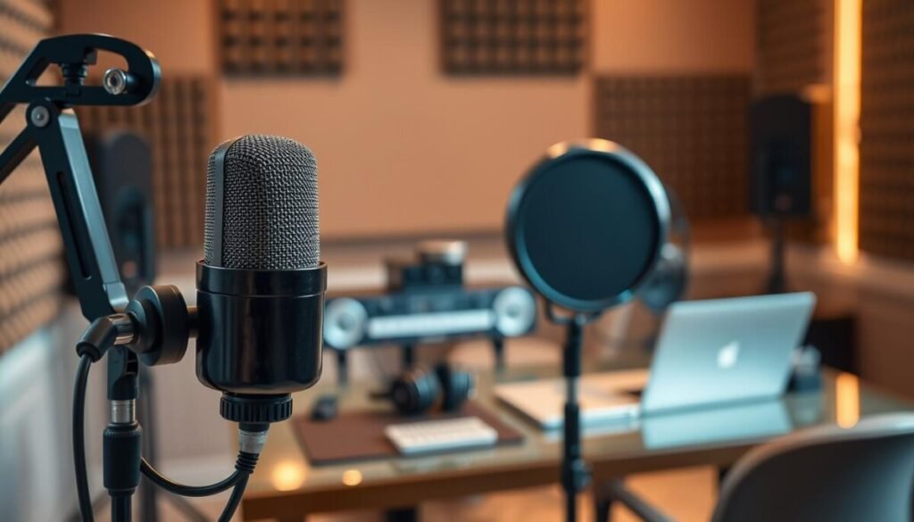A professional podcasting setup featuring a high-quality microphone with a sleek design and a pop filter attached, focused clearly in the foreground. The microphone should have a polished black finish, capturing light reflections, while the pop filter is slightly obscured, showcasing its mesh texture. In the middle ground, an elegant desk adorned with audio equipment, headphones, and a laptop can be subtly visible, enhancing the studio environment. The background should be softly blurred to suggest a cozy, well-lit recording space filled with acoustic panels and warm lighting that creates an inviting, focused atmosphere. Use a soft focus lens effect to give the composition a professional photography feel, ensuring the overall mood conveys professionalism and creativity.