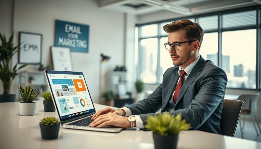 A professional real estate agent in a smart business suit sits at a sleek desk, surrounded by modern technology, analyzing different email marketing platforms on a laptop. In the foreground, an open laptop displays vibrant graphics of various email campaigns and analytics, while the agent thoughtfully examines the screen. The middle layer features a stylish office space with potted plants and motivational decor that enhances creativity. In the background, a large window reveals a bright city skyline, symbolizing growth and opportunity. Soft ambient lighting creates a focused yet inviting atmosphere, emphasizing the importance of choosing the right tools for success. The angle is slightly above eye level to capture the room’s depth and the agent's engaged expression. A professional real estate agent in a smart business suit sits at a sleek desk, surrounded by modern technology, analyzing different email marketing platforms on a laptop. In the foreground, an open laptop displays vibrant graphics of various email campaigns and analytics, while the agent thoughtfully examines the screen. The middle layer features a stylish office space with potted plants and motivational decor that enhances creativity. In the background, a large window reveals a bright city skyline, symbolizing growth and opportunity. Soft ambient lighting creates a focused yet inviting atmosphere, emphasizing the importance of choosing the right tools for success. The angle is slightly above eye level to capture the room’s depth and the agent's engaged expression.