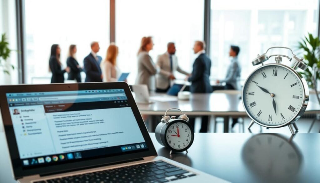 A professional setting showcasing a bustling office environment focused on email communication dynamics. In the foreground, a well-organized workspace features a laptop with an inbox opened, displaying various unread messages. Beside it, a sleek clock shows the time, emphasizing urgency. In the middle ground, a diverse group of professionals in business attire engage in discussions around a polished conference table, contemplating email response strategies. In the background, large windows allow natural light to flood the room, enhancing a focus-driven atmosphere. The lighting is soft but bright, creating a motivational mood. The lens captures the scene from a slightly elevated angle, conveying a sense of collaboration and professionalism in email handling, reflecting industry benchmarks for timely responses. A professional setting showcasing a bustling office environment focused on email communication dynamics. In the foreground, a well-organized workspace features a laptop with an inbox opened, displaying various unread messages. Beside it, a sleek clock shows the time, emphasizing urgency. In the middle ground, a diverse group of professionals in business attire engage in discussions around a polished conference table, contemplating email response strategies. In the background, large windows allow natural light to flood the room, enhancing a focus-driven atmosphere. The lighting is soft but bright, creating a motivational mood. The lens captures the scene from a slightly elevated angle, conveying a sense of collaboration and professionalism in email handling, reflecting industry benchmarks for timely responses.