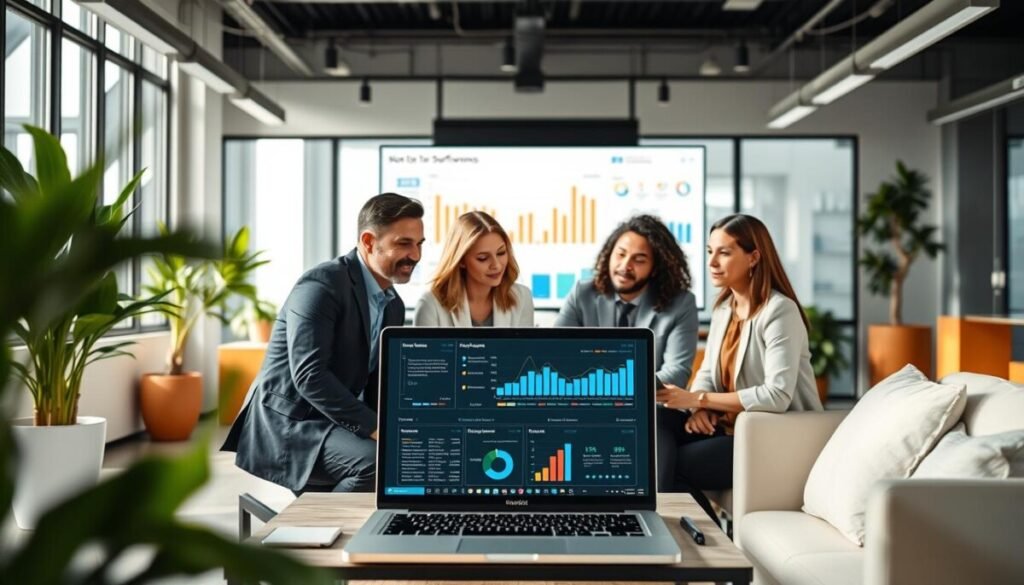 A professional setting showcasing a remote team discussing software performance evaluation. In the foreground, a diverse group of three people in business attire, engaged in a brainstorming session over a laptop displaying user reviews and performance metrics. The middle ground features a large screen with visual graphs and data points, symbolizing software analytics. In the background, a modern office environment with plants, large windows letting in natural light, and minimalist furniture. The lighting is bright and inviting, emphasizing a collaborative atmosphere. The camera angle is slightly elevated, capturing the dynamics of teamwork. The overall mood is focused and productive, highlighting the importance of real user feedback in evaluating tools.