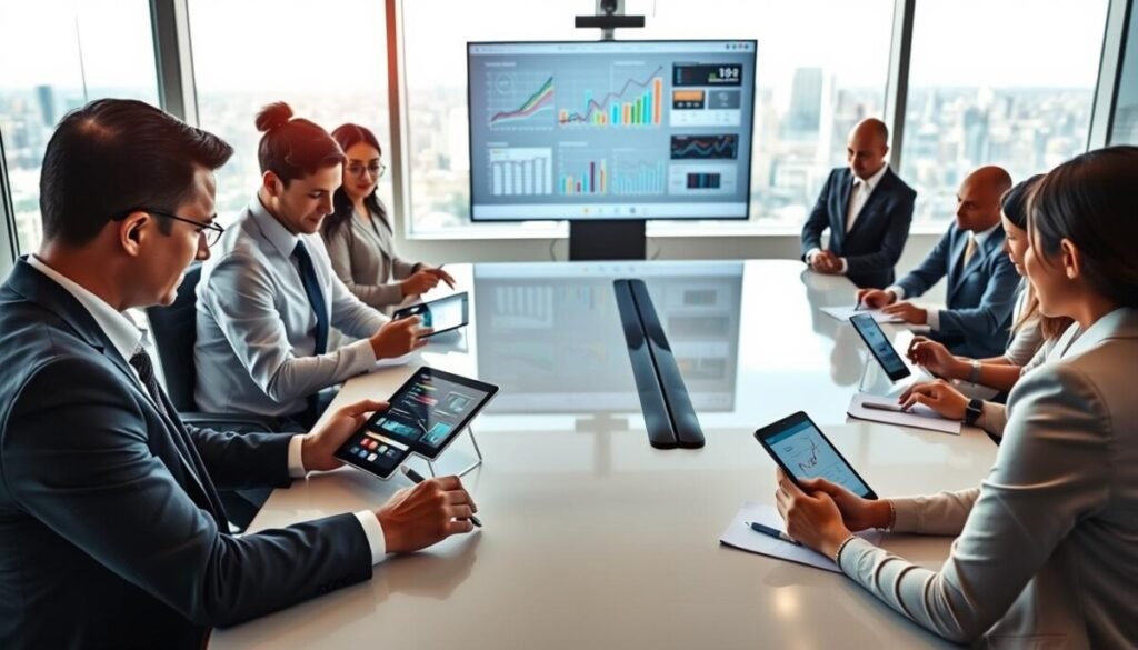 A professional setting showcasing advanced analytics and data management, featuring a diverse group of business professionals in smart attire engaged in a brainstorming session around a sleek, modern conference table. In the foreground, a male and female analyst examine digital tablets displaying colorful data visualizations and reports. The middle ground highlights a large screen with dynamic graphs and charts illustrating automated reporting processes. In the background, a window reveals a city skyline under bright daylight, signifying a thriving business environment. The atmosphere is collaborative and energetic, with bright lighting to enhance focus and clarity. Capture this moment from a slightly elevated angle to provide a comprehensive view of the teamwork and technology in action.