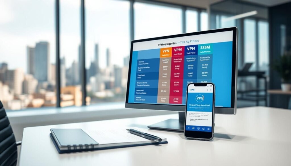 A professional, sleek office environment featuring a modern desk setup. In the foreground, a computer screen displays a visually engaging infographic comparing various VPN pricing models, showcasing subscription tiers and features in an easy-to-read format. In the middle, a notepad and pen rest next to a smartphone displaying a VPN app, emphasizing connectivity and access. The background features a blurred large window revealing a city skyline, with soft natural light spilling into the room, creating a productive atmosphere. The mood is informative and prosperous, ideal for illustrating the concept of VPN pricing in a business context. No people are depicted in the scene.