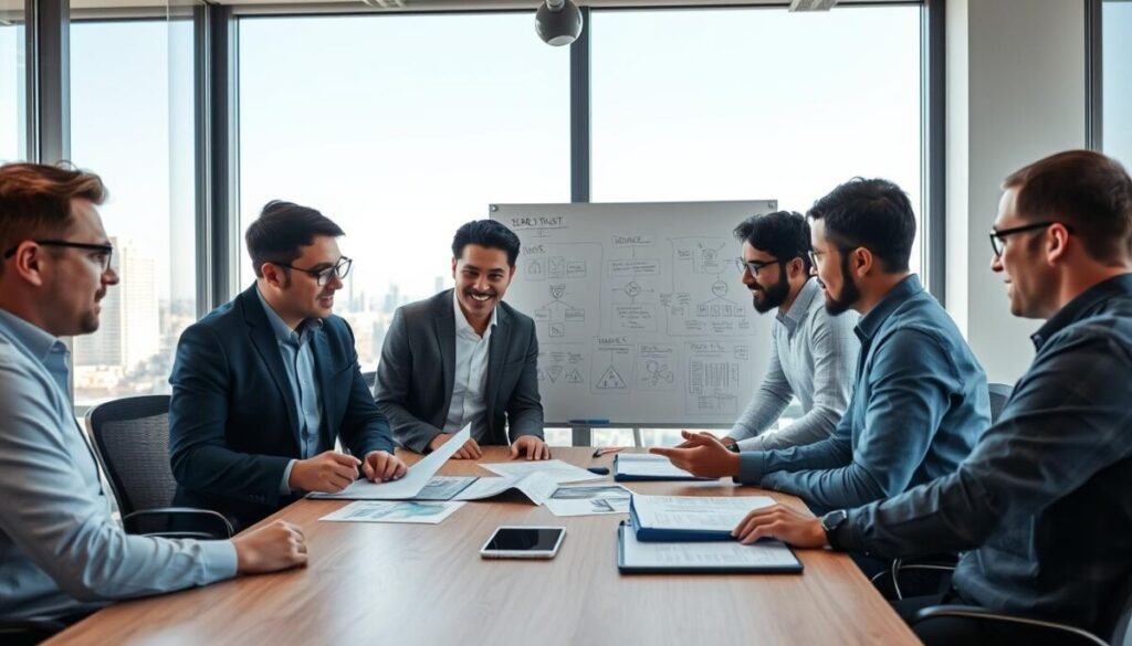 A professional small team gathered around a modern conference table, actively discussing cybersecurity strategies in a bright, well-lit office environment. In the foreground, diverse team members—two men and one woman—wearing smart casual attire, are engaged in deep conversation, analyzing documents and digital devices showcasing dynamic security graphics. The middle ground features a whiteboard covered with flowcharts and notes on zero trust principles, emphasizing collaboration and clarity. In the background, large windows reveal a city skyline, bringing in natural light that creates a vibrant atmosphere. The scene conveys a sense of teamwork, innovation, and focus on effective security measures for small businesses. Use a wide-angle lens to capture the workspace layout, enhancing the feeling of openness and engagement.