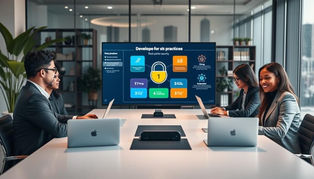 A professional virtual meeting setup illustrating developing security best practices for remote employee security. In the foreground, a diverse group of three individuals, dressed in smart business attire, sit around a sleek conference table with laptops open, actively discussing. The middle ground features a large digital screen displaying infographics on security measures, such as strong passwords and multi-factor authentication, with colorful icons. The background provides a modern office environment with soft-focus plants, bookshelves, and a glass window showcasing a city skyline. Soft, warm lighting adds a collaborative and reassuring atmosphere, and the camera angle is slightly above eye-level, capturing the engagement and focus of the participants.