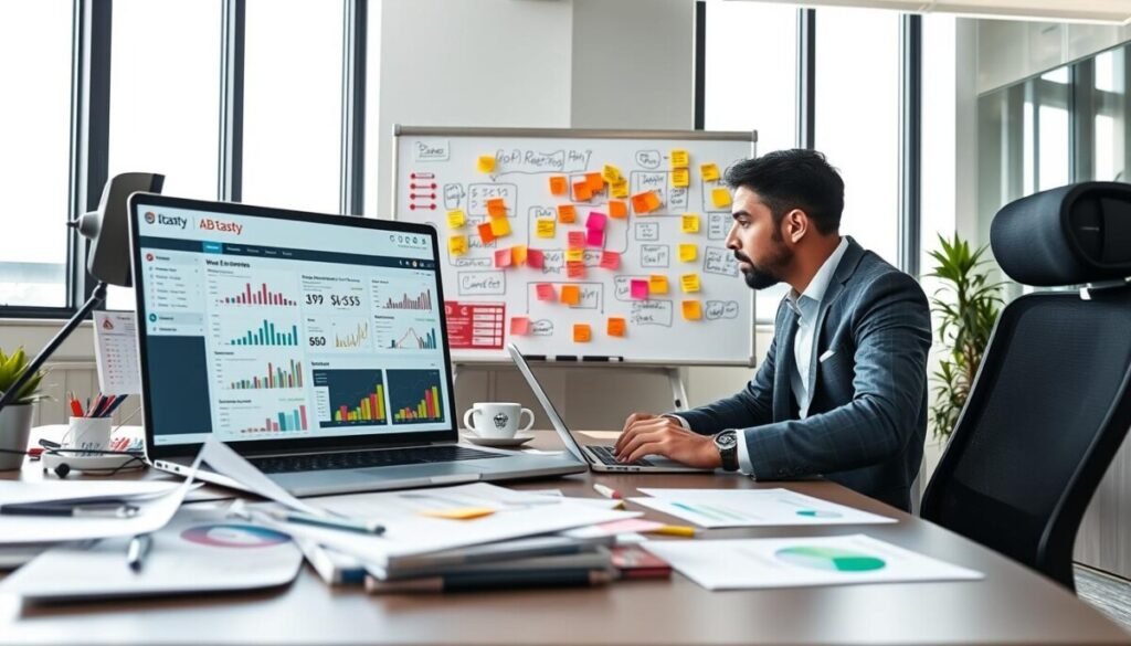 A professional web analytics expert sits at a modern desk cluttered with data reports and colorful charts representing A/B testing results. The foreground displays a high-resolution laptop screen showcasing the AB Tasty platform with dynamic visualizations of web experiments. In the middle ground, a large whiteboard filled with strategies and metrics captures a brainstorming session, with sticky notes in vibrant colors. The background features a sleek office space with bright natural lighting streaming in through large windows, creating an inviting atmosphere. The expert, dressed in smart casual attire, focuses intently on the screen, embodying the theme of optimizing web experiments effortlessly without developer assistance. The overall mood is innovative and collaborative, highlighting the effectiveness of user-friendly testing tools in enhancing conversion rates.