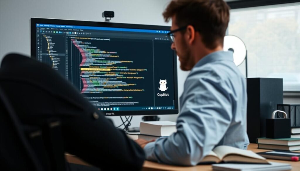 A professional workspace featuring a computer displaying the GitHub Copilot user interface, surrounded by coding books and notes. In the foreground, a person, wearing smart casual attire, is thoughtfully engaging with the code on the screen. In the middle, highlighted elements like annotated lines of code and icons representing best practices (like collaboration, understanding concepts, and cautious use) emerge subtly from the screen. The background contains a clean, well-organized desk with soft, diffused lighting from a nearby window, creating an inviting atmosphere. The lens captures the scene from a slightly elevated angle, emphasizing the interaction between the user and technology, conveying a mood of exploration and learning in a modern tech environment.