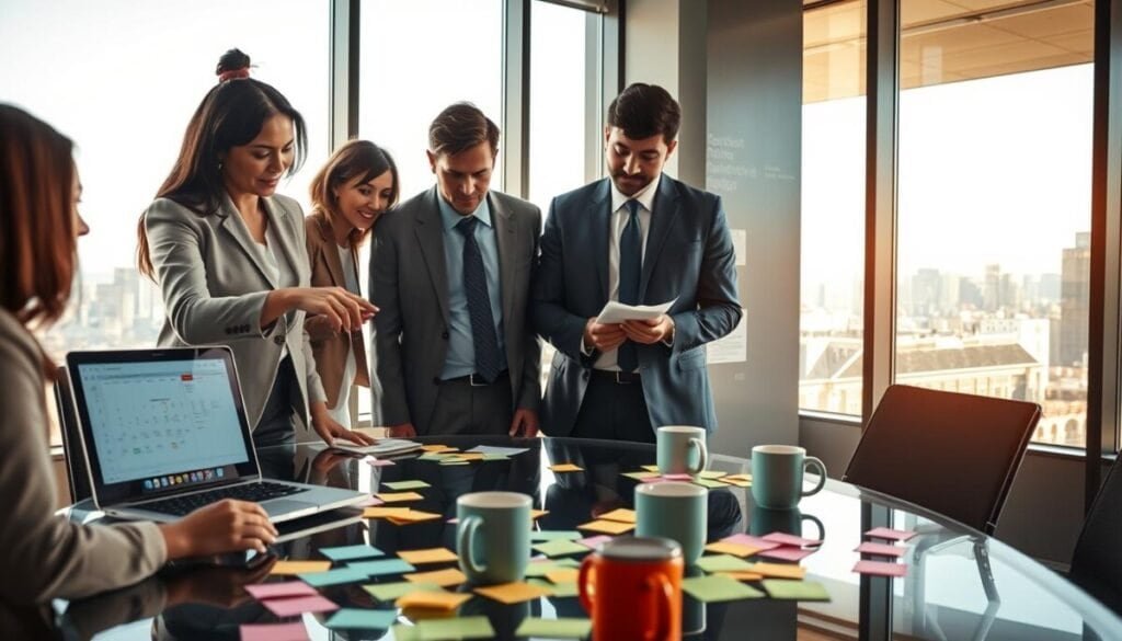 A professional workspace featuring a diverse group of business professionals engaged in a focused brainstorming session for sales outreach. In the foreground, a woman in smart business attire is pointing at a laptop screen displaying a calendar interface, while a man in a suit takes notes on a notepad. The middle layer shows a clear glass conference table cluttered with colorful sticky notes and coffee mugs, symbolizing ideas being shared. In the background, through large windows, a city skyline is visible, bathed in warm afternoon sunlight creating a productive atmosphere. The lighting is bright yet soft, emphasizing a collaborative environment. The image conveys a sense of urgency and determination in identifying optimal time slots for effective sales outreach.