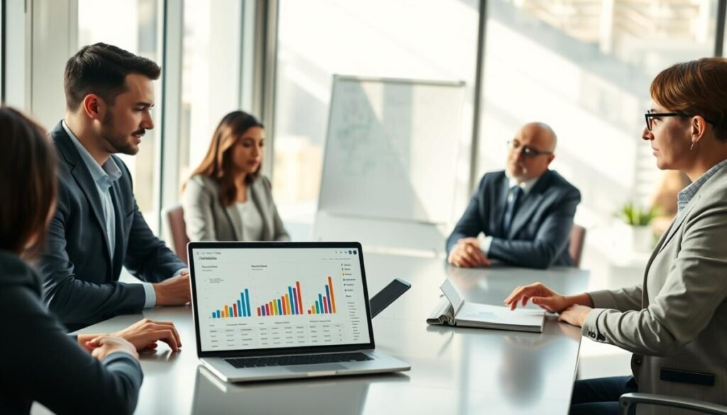 A professional workspace featuring a diverse group of small business owners, each dressed in smart business attire, gathered around a sleek conference table. In the foreground, one person analyzes a chart displayed on a laptop, showcasing various predictive analytics tools with colorful graphs and data points. In the middle background, a whiteboard is filled with notes and diagrams about evaluation criteria. Soft, natural light streams in through large windows, creating an inviting atmosphere. The mood is collaborative and focused, highlighting the importance of making informed decisions in selecting the right predictive analytics tools. The setting should feel modern and professional, emphasizing the significance of data-driven strategies for small business growth.