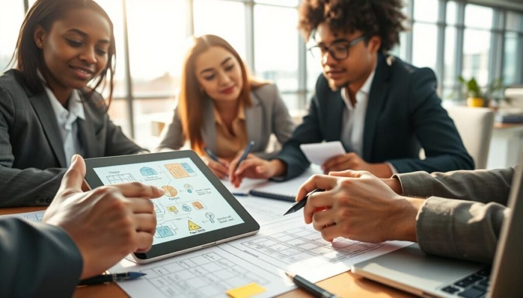 A professional workspace featuring a diverse team of three individuals in business attire, intensely collaborating over a digital tablet and notepads filled with colorful diagrams and notes. The foreground showcases detailed hands gesturing towards the tablet, demonstrating engagement and creativity. In the middle ground, various drafting tools like pens, sticky notes, and a laptop display drafts of AI prompts and guidelines. The background is a bright, modern office space with large windows letting in natural light, creating an energetic atmosphere. Soft shadows cast by warm lighting enhance the focus on the teamwork and brainstorming process, emphasizing the importance of crafting effective AI briefs. The overall mood is focused and collaborative, conveying a sense of productivity and innovation.