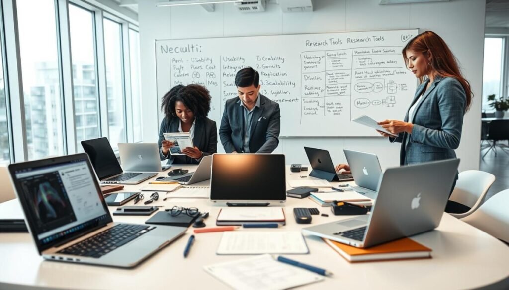 A professional workspace featuring a large, sleek table covered with an organized selection of various AI research tools, including laptops, tablets, and notebooks, with an open laptop displaying software interfaces. In the foreground, a diverse group of professionals – a Black woman in business attire analyzing data on a tablet, an Asian man taking notes on a laptop, and a Hispanic woman collaborating with diagrams on paper. In the middle ground, a whiteboard filled with criteria for selecting research tools, such as "Usability," "Cost," "Integration," and "Scalability." The background shows a bright, modern office with large windows allowing natural light to illuminate the scene, creating an energetic and collaborative atmosphere, captured with a shallow depth of field to emphasize the tools and professionals.