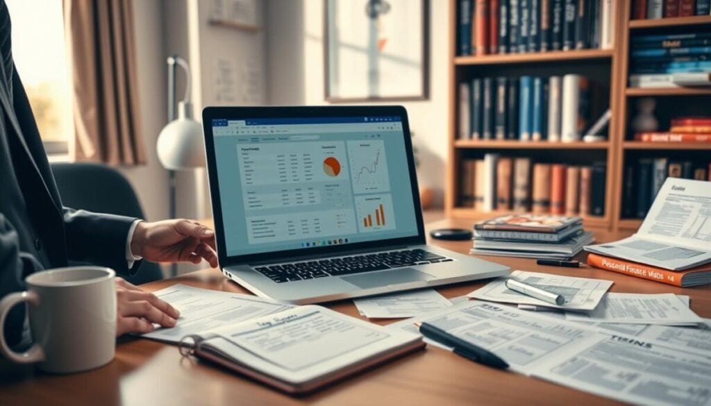 A professional workspace featuring a modern desk with a laptop open to a tax filing software interface. Display scattered documents demonstrating key features like a checklist, graphs, and comparison charts. In the foreground, a businessperson in professional attire analyzes the software on the laptop, focusing on important features. The middle ground showcases a notepad with handwritten notes and a coffee mug for a warm, inviting atmosphere. In the background, a well-organized bookshelf with tax books and personal finance guides suggests a scholarly environment. The scene is well-lit with soft, natural light pouring in through a window, enhancing an air of focus and diligence. The overall mood is serious yet approachable, ideal for evaluating crucial tax software features.