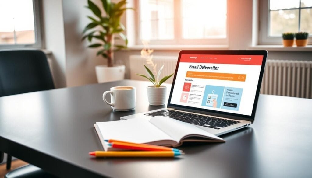 A professional workspace featuring a sleek, modern desk with a laptop displaying a vibrant email deliverability newsletter open on the screen. In the foreground, have a well-organized notebook and a couple of colorful pens. In the middle, include a potted plant to introduce some greenery, along with a steaming cup of coffee to evoke a productive atmosphere. In the background, soft, natural light filters through a large window, illuminating the room with a warm glow. The scene should feel inviting and focused, emphasizing clarity and professionalism, perfect for topics like sender reputation and email marketing strategies. Use a slightly elevated angle to capture the depth of the workspace, creating a sense of engagement and contemplation.