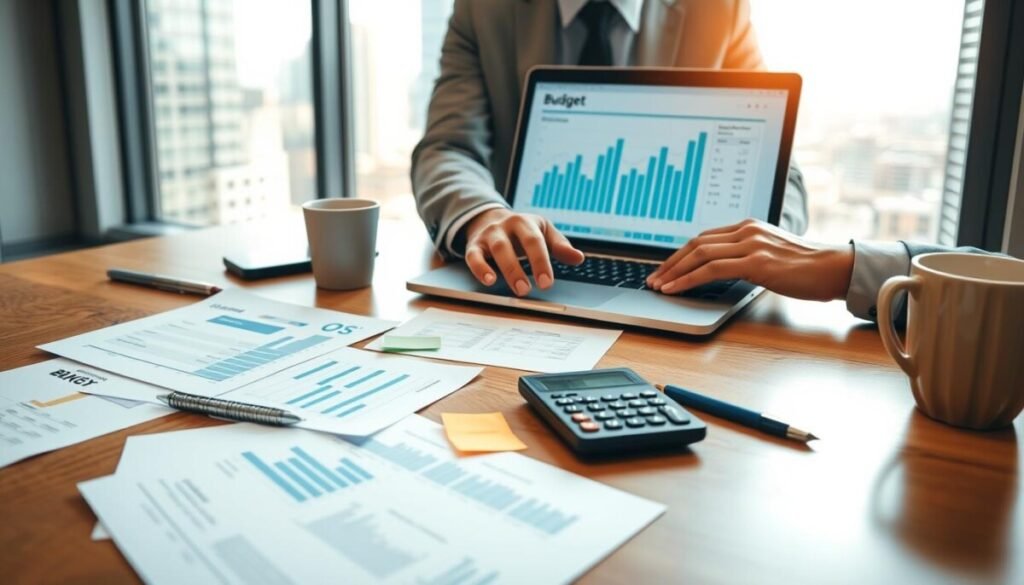 A professional workspace focused on budget planning for business tools, featuring a sleek wooden desk with a laptop displaying financial charts and a calculator. In the foreground, there are organized papers and sticky notes with budgeting strategies laid out neatly. In the middle ground, a pair of hands, dressed in smart business attire, are actively working on the laptop while a coffee mug sits next to it, hinting at productivity. The background shows a large window with natural light pouring in, highlighting a modern cityscape outside, giving a sense of expansion and opportunity. The mood is focused and strategic, emphasizing the importance of careful planning in virtual assistant services, captured with warm, inviting lighting for a professional yet approachable atmosphere.