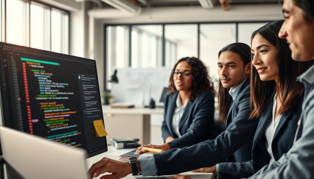 A professional workspace illustrating AI-assisted debugging challenges. In the foreground, a diverse group of three non-programmers in smart casual attire, focused on a computer screen displaying complex code filled with error highlights. In the middle ground, digital tools like an AI assistant software interface, displaying suggestions and error diagnostics, merge with traditional debugging tools like flowcharts and sticky notes. The background reveals a modern office with bright, soft lighting pouring in from large windows, creating a calm yet engaging atmosphere. The image captures the concentrated expressions of the individuals, reflecting determination and curiosity, as they collaborate to solve coding issues with the help of AI technology. The lens angle is slightly tilted to enhance the dynamic feel of the teamwork in action.