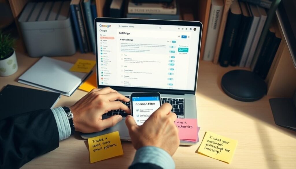 A professional workspace scene featuring a well-organized desk with a laptop open to a Gmail interface displaying a filter settings page. In the foreground, a pair of hands, dressed in smart casual attire, are thoughtfully engaging with the screen, surrounded by colorful sticky notes with reminders about troubleshooting filter issues. The middle of the composition includes a sleek smartphone displaying a checklist for common filter problems. In the background, a softly lit shelf with books on productivity and email management enhances the atmosphere. The scene is bright and inviting, with warm lighting emphasizing clarity and focus, creating a supportive mood for solving email challenges. The angle is slightly overhead, capturing the essence of workflow and attention to detail.