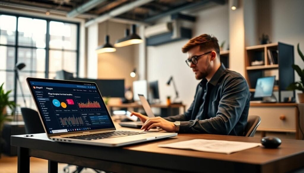 A professional workspace showcasing PlayHT's voice technology integration for developers. In the foreground, a sleek laptop displays a vibrant PlayHT dashboard with voice samples and analytics. A developer, dressed in smart casual attire, sits engaged, typing code with concentration. In the middle ground, a modern design workspace filled with tech gadgets, subtle lighting highlighting the contours of the space. The background features a large window, letting in natural light that casts soft shadows, creating an inviting atmosphere. The overall mood is innovative and focused, evoking a sense of creativity and technological advancement. The composition should be balanced and visually engaging, using warm tones to enhance the professional feel without any distractions or text. A professional workspace showcasing PlayHT's voice technology integration for developers. In the foreground, a sleek laptop displays a vibrant PlayHT dashboard with voice samples and analytics. A developer, dressed in smart casual attire, sits engaged, typing code with concentration. In the middle ground, a modern design workspace filled with tech gadgets, subtle lighting highlighting the contours of the space. The background features a large window, letting in natural light that casts soft shadows, creating an inviting atmosphere. The overall mood is innovative and focused, evoking a sense of creativity and technological advancement. The composition should be balanced and visually engaging, using warm tones to enhance the professional feel without any distractions or text.