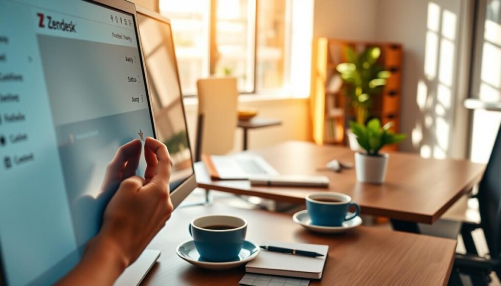 A professional workspace showcasing a computer screen displaying the Zendesk interface, with a clear focus on the 'Away' status setting. In the foreground, a close-up of a hand adjusting the status on the screen, highlighting the cursor over the 'Away' option. The middle ground features a sleek office desk with a cup of coffee, a notebook, and a plant, creating a cozy atmosphere. The background reveals a well-organized office space with natural light streaming in through a window, casting soft shadows. The overall mood is calm and productive, encouraging focus on managing work availability. The image should have a warm color palette, emphasizing a friendly and approachable work environment. A professional workspace showcasing a computer screen displaying the Zendesk interface, with a clear focus on the 'Away' status setting. In the foreground, a close-up of a hand adjusting the status on the screen, highlighting the cursor over the 'Away' option. The middle ground features a sleek office desk with a cup of coffee, a notebook, and a plant, creating a cozy atmosphere. The background reveals a well-organized office space with natural light streaming in through a window, casting soft shadows. The overall mood is calm and productive, encouraging focus on managing work availability. The image should have a warm color palette, emphasizing a friendly and approachable work environment.